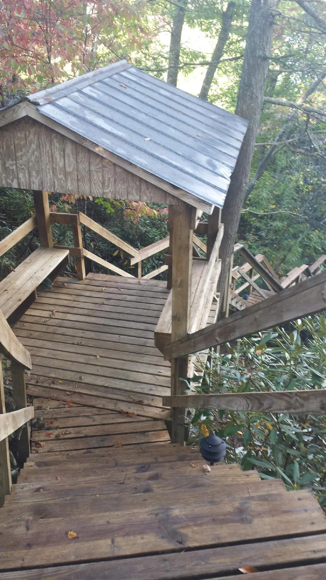 Metal roofed shelter over wooden steps on a wooded walkway — Skylight Repair & Installation work by our crew in Todd