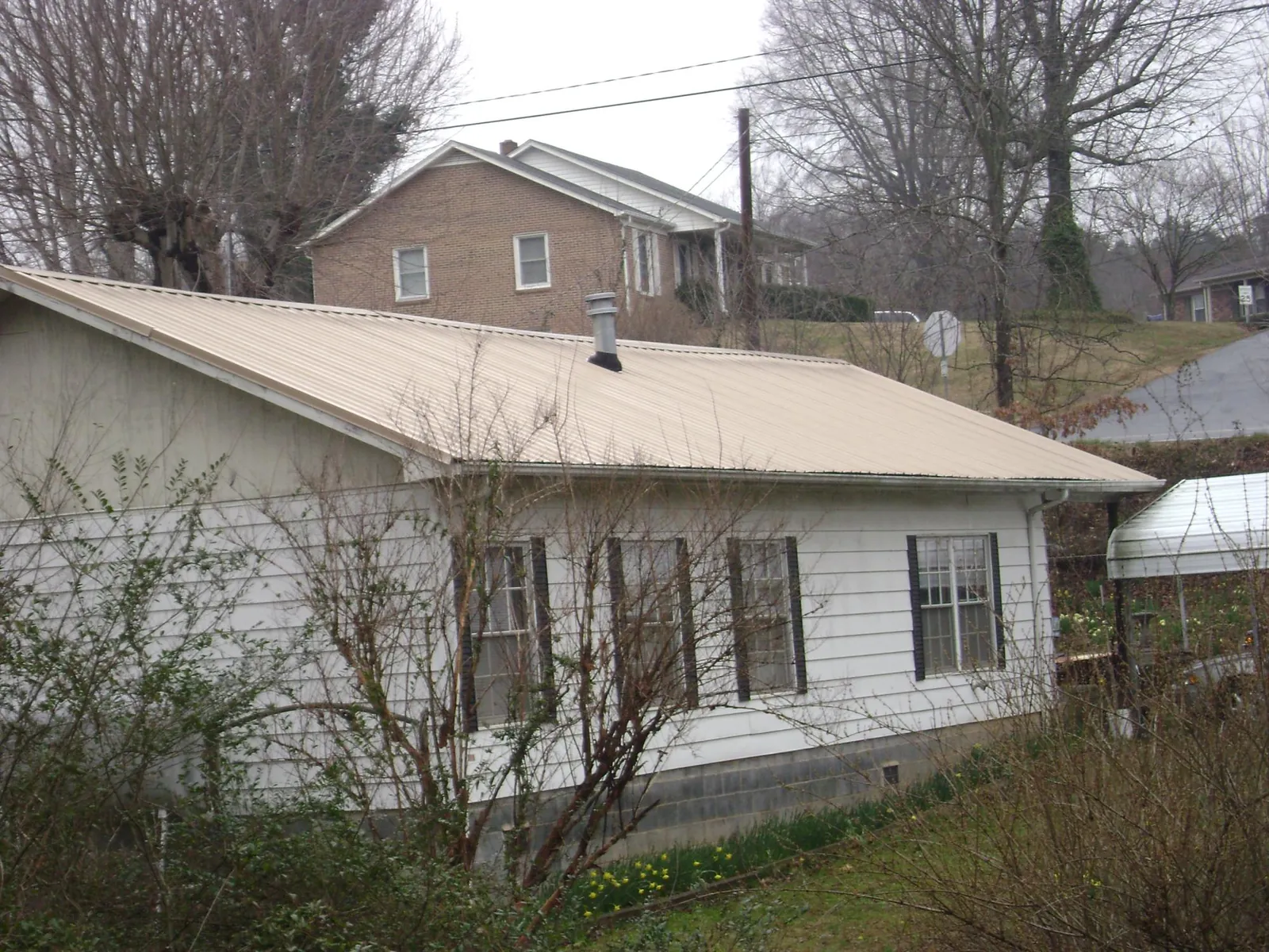 Tan metal roof on a white sided house set into a hillside — Commercial Roofing by Roofing Brothers in Todd